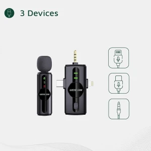 میکروفون یقه ای بی سیم تک کاربره گرین لاین مدل GM 79X رابط Type-C و Lightning و جک 3.5 میلی متری